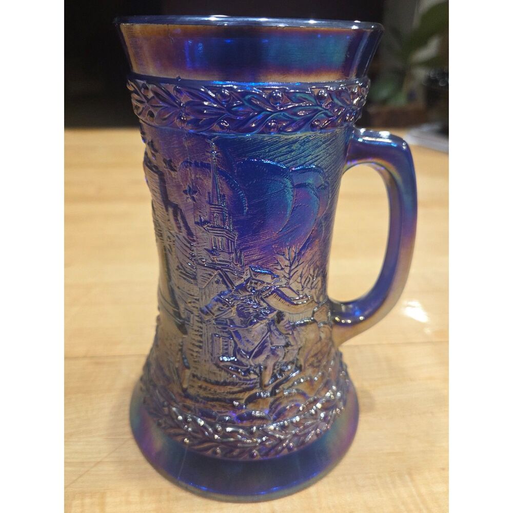Vintage Fenton Blue Carnival Glass 1776 American Bicentennial Mug Stein